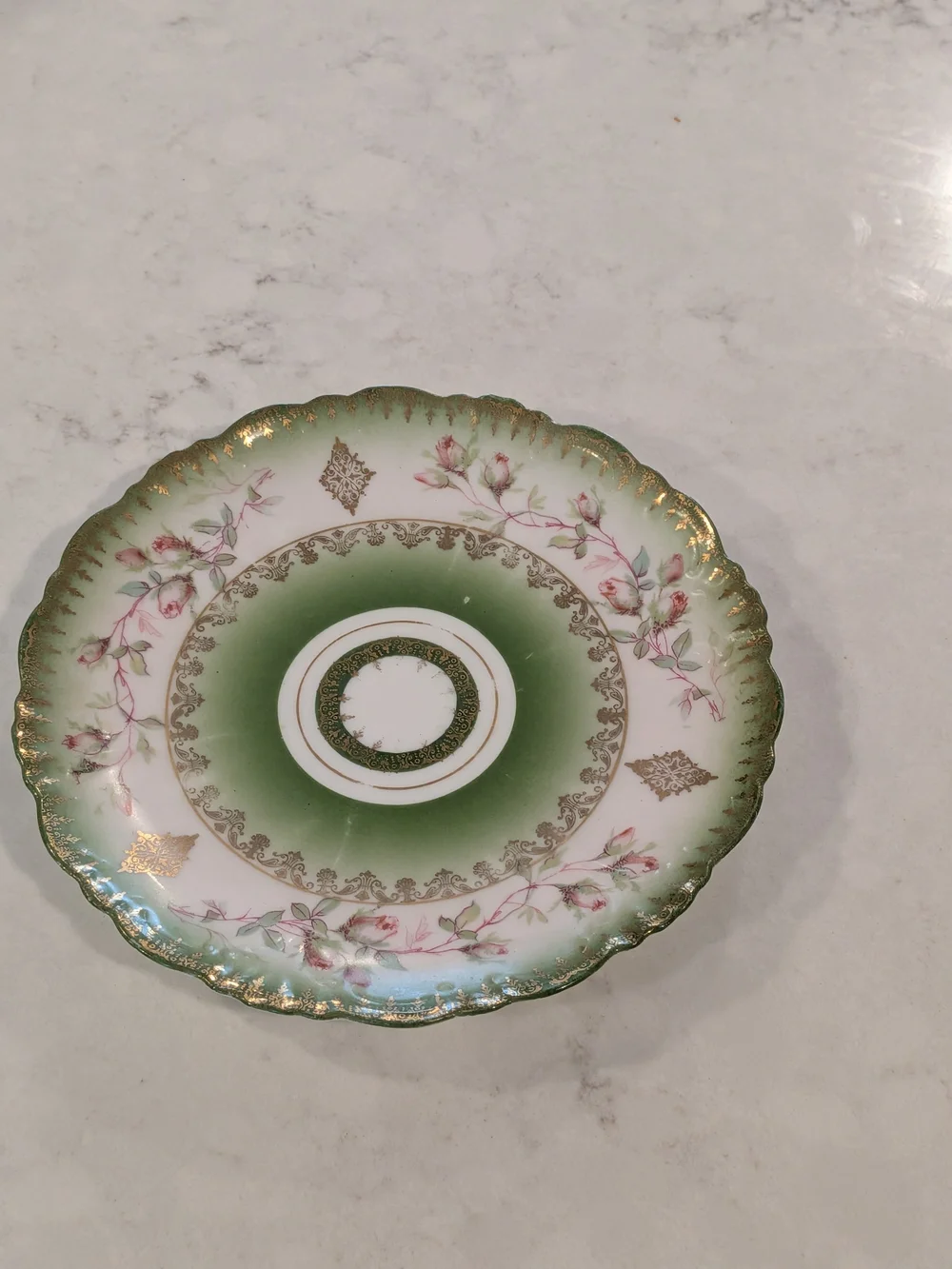 Vintage From 1990 Green Floral Gold-Trim Porcelain  Desert Plate